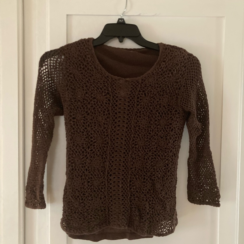 Y2K Brown Knitted Women's Sweater Top 3 quarter length Sleeve